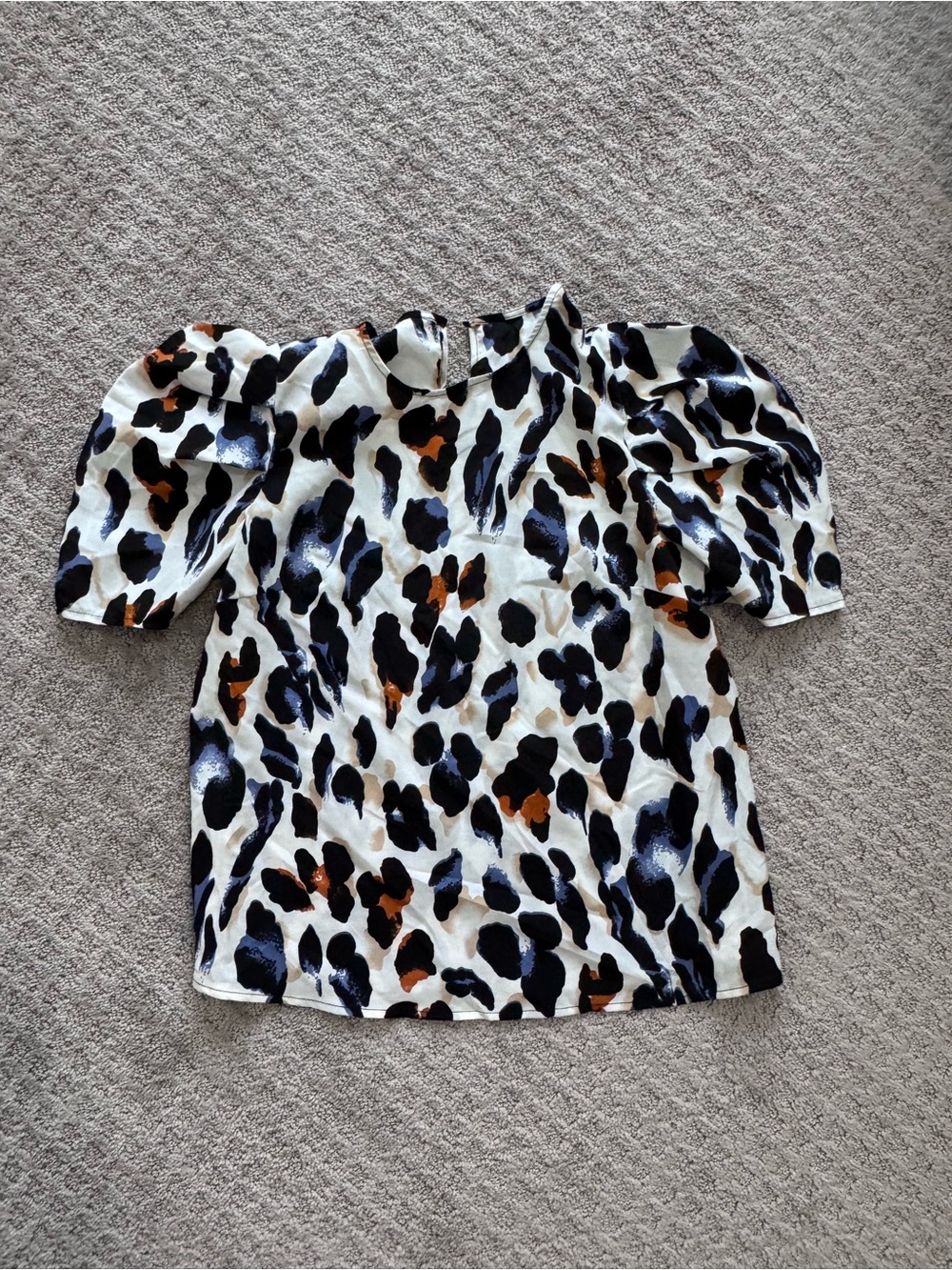 SHEIN White Animal Print Puff Sleeve Blouse with Black & Brown Spots
